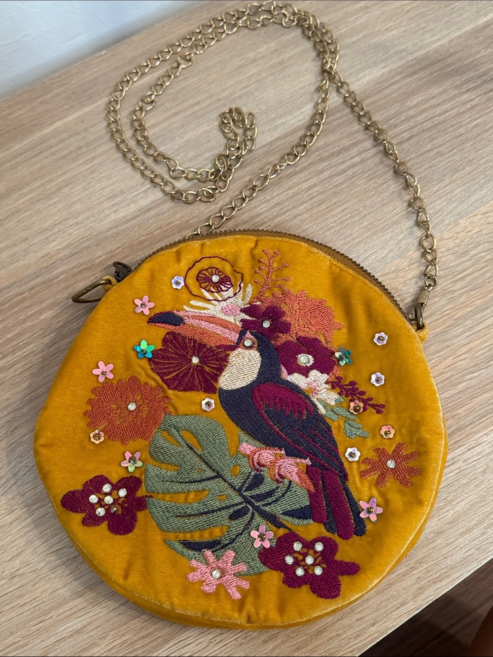 Embroidered Parrot Round Crossbody Bag — Mustard Yellow